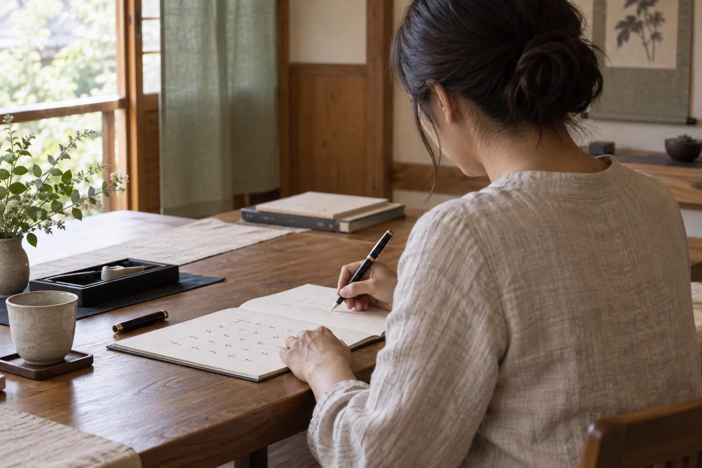 大人が机に向かいペン字を練習する生成イメージ