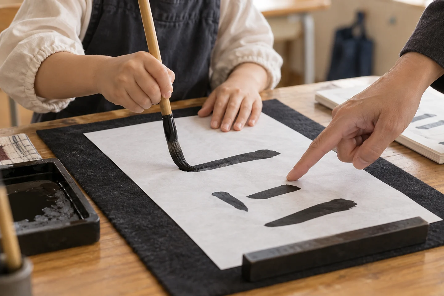 筆を持つ子どもの手と、そばで教える大人の手の生成イメージ
