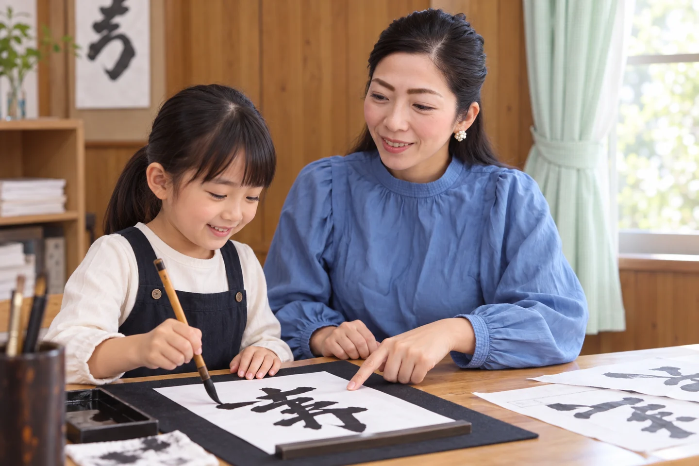 講師の写真をもとにした、お子さんに筆の運びを教える合成イメージ